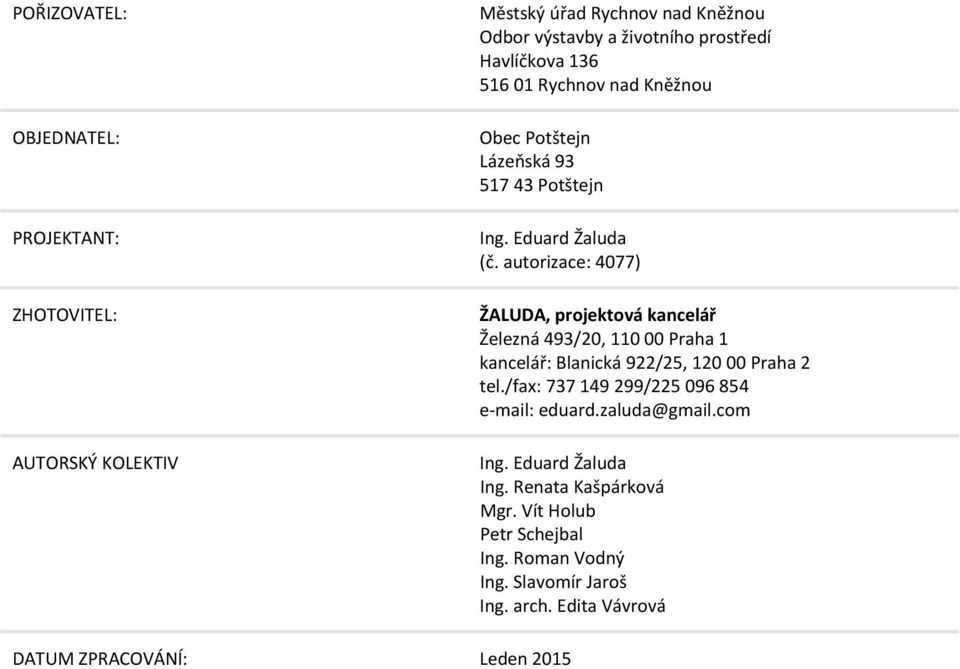autorizace: 4077) ŽALUDA, projektová kancelář Železná 493/20, 110 00 Praha 1 kancelář: Blanická 922/25, 120 00 Praha 2 tel.