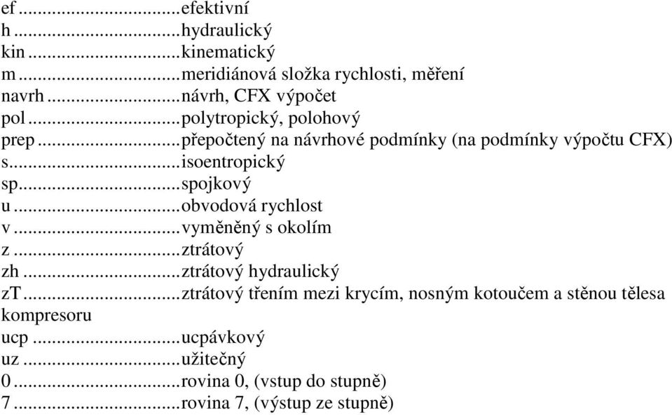 .. obvodová rychlost v... vyměněný s okolím z... ztrátový zh... ztrátový hydraulický zt.