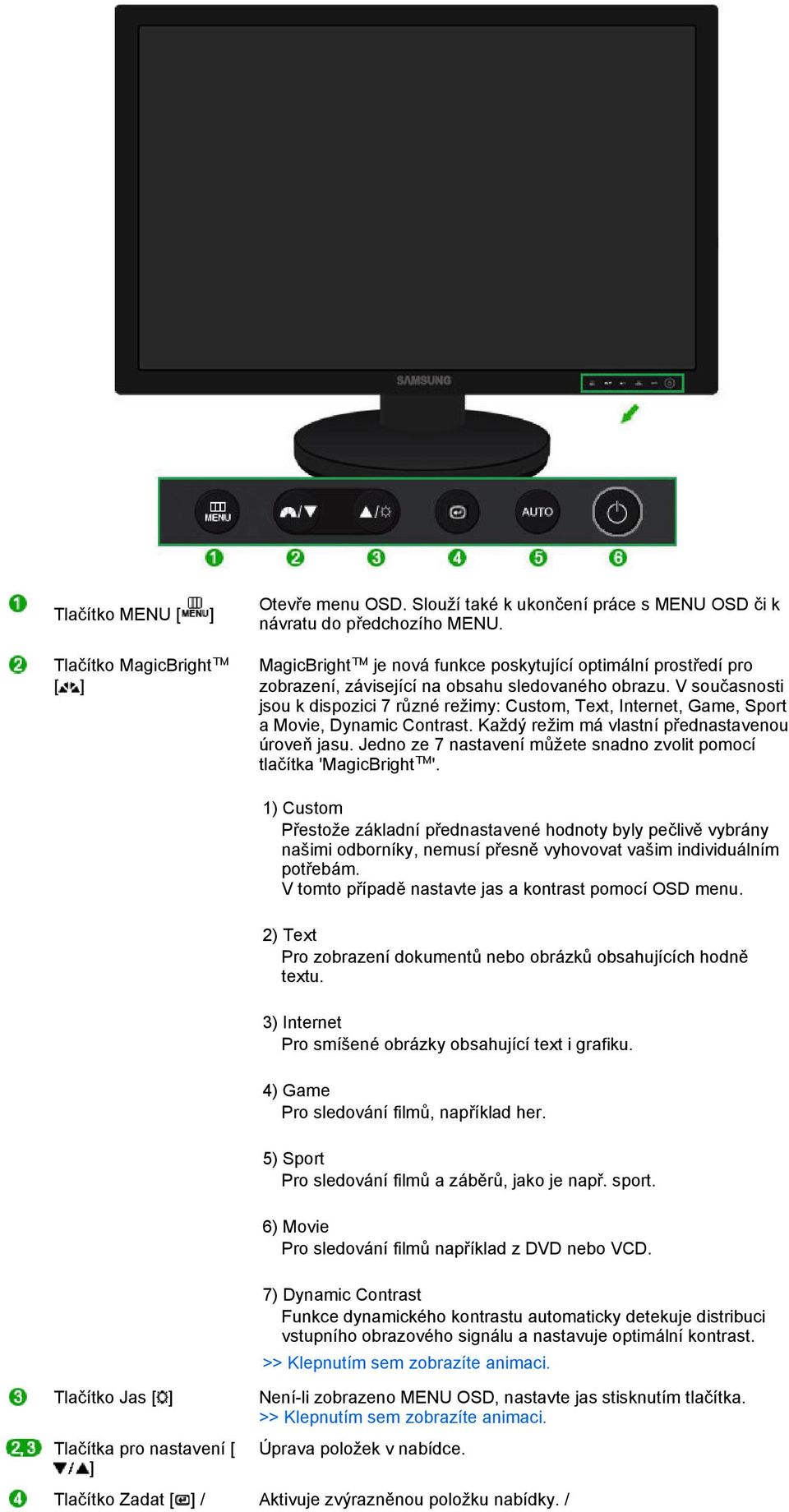 V současnosti jsou k dispozici 7 různé režimy: Custom, Text, Internet, Game, Sport a Movie, Dynamic Contrast. Každý režim má vlastní přednastavenou úroveň jasu.