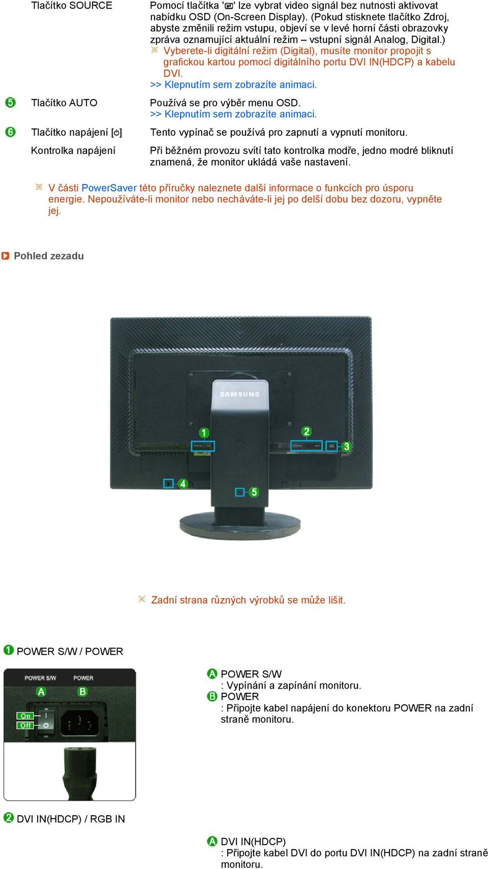 ) Vyberete-li digitální režim (Digital), musíte monitor propojit s grafickou kartou pomocí digitálního portu DVI IN(HDCP) a kabelu DVI. >> Klepnutím sem zobrazíte animaci.