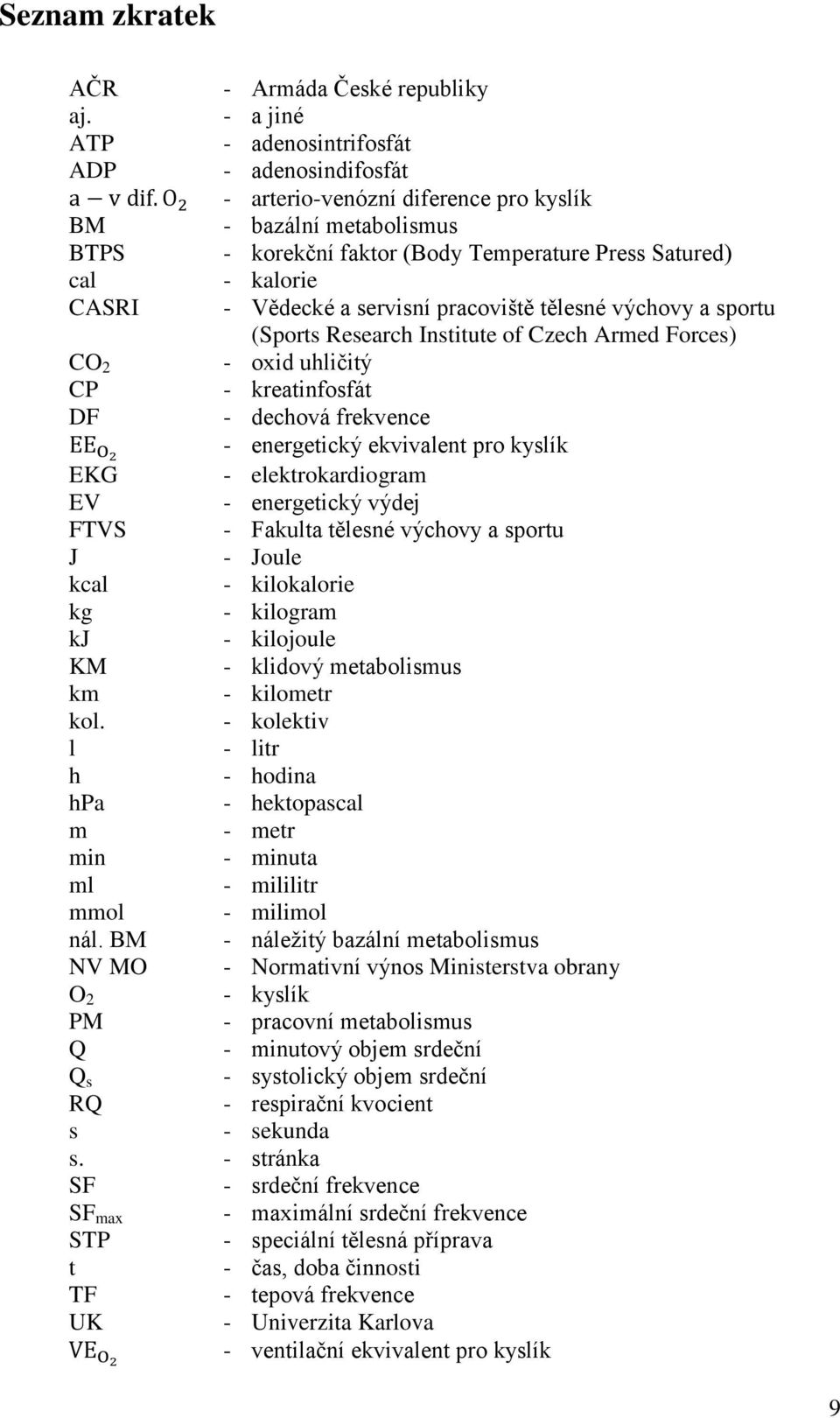 Vědecké a servisní pracoviště tělesné výchovy a sportu (Sports Research Institute of Czech Armed Forces) CO 2 - oxid uhličitý CP - kreatinfosfát DF - dechová frekvence - energetický ekvivalent pro