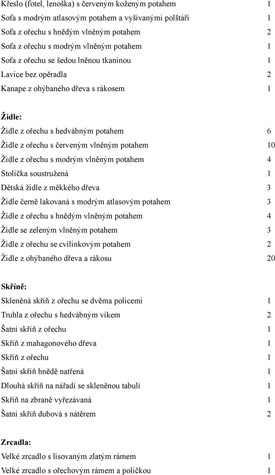 modrým vlněným potahem 4 Stolička soustružená 1 Dětská židle z měkkého dřeva 3 Židle černě lakovaná s modrým atlasovým potahem 3 Židle z ořechu s hnědým vlněným potahem 4 Židle se zeleným vlněným