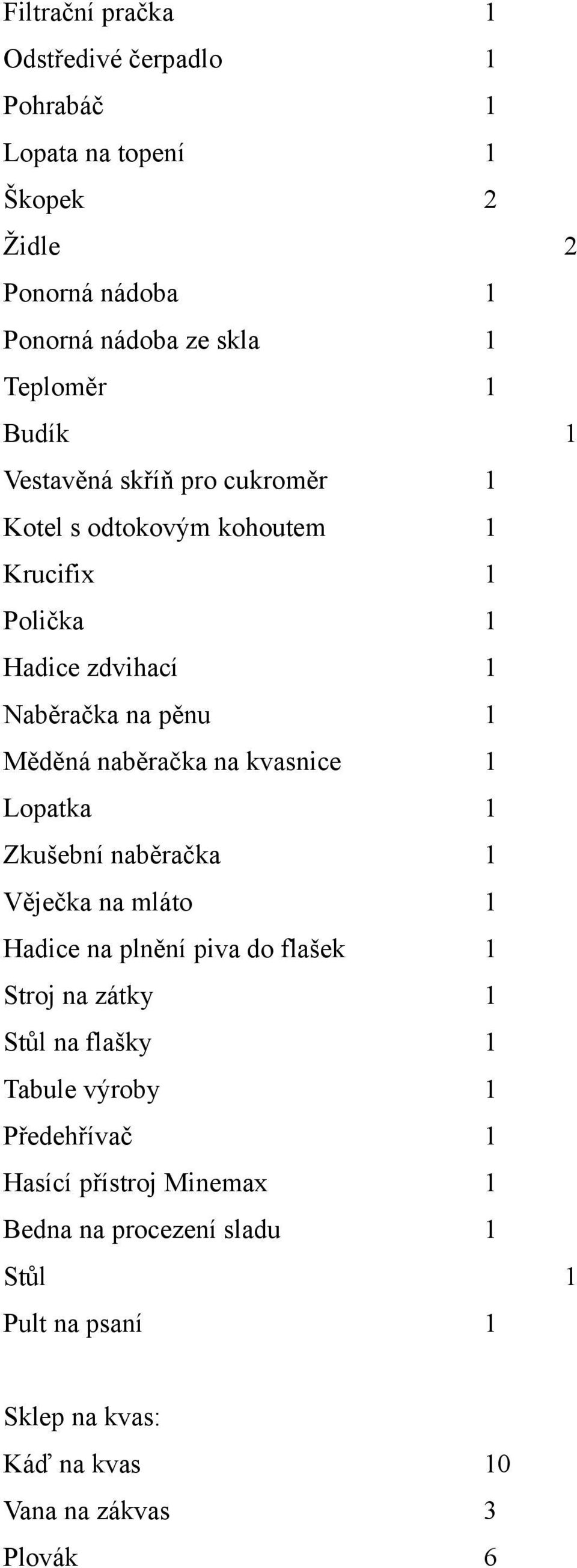 na kvasnice 1 Lopatka 1 Zkušební naběračka 1 Věječka na mláto 1 Hadice na plnění piva do flašek 1 Stroj na zátky 1 Stůl na flašky 1 Tabule