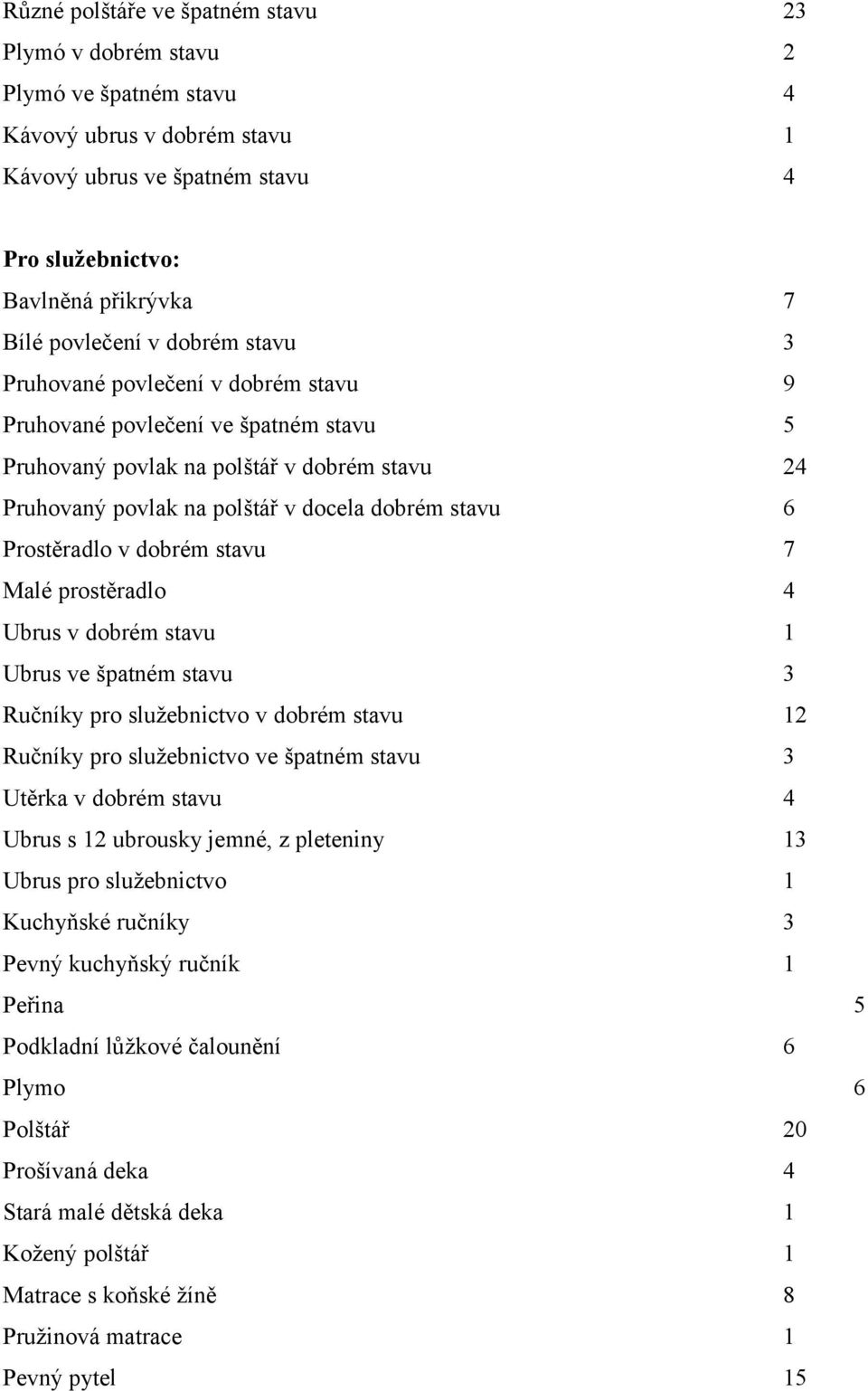 Prostěradlo v dobrém stavu 7 Malé prostěradlo 4 Ubrus v dobrém stavu 1 Ubrus ve špatném stavu 3 Ručníky pro služebnictvo v dobrém stavu 12 Ručníky pro služebnictvo ve špatném stavu 3 Utěrka v dobrém