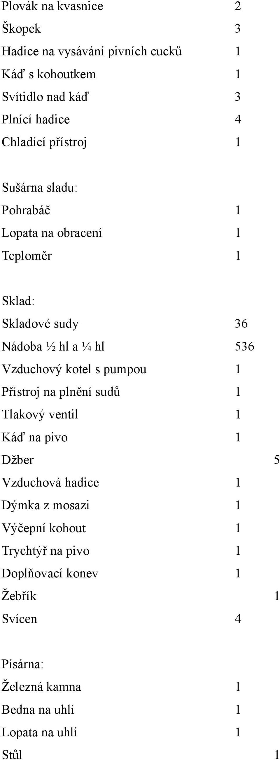 kotel s pumpou 1 Přístroj na plnění sudů 1 Tlakový ventil 1 Káď na pivo 1 Džber 5 Vzduchová hadice 1 Dýmka z mosazi 1 Výčepní