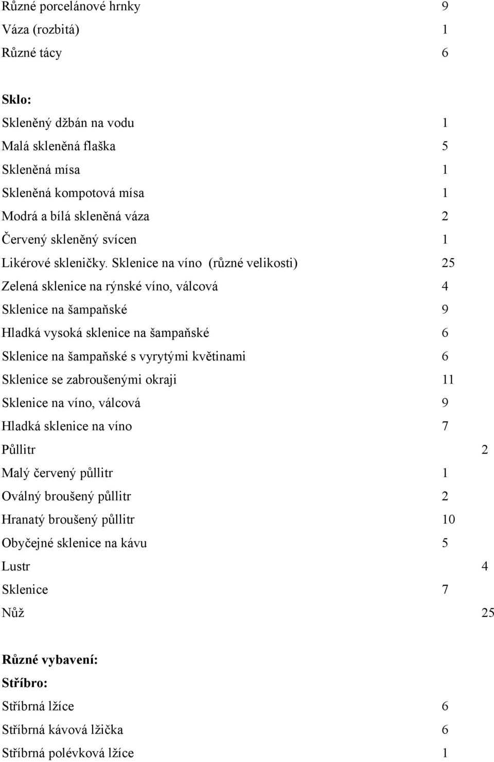 Sklenice na víno (různé velikosti) 25 Zelená sklenice na rýnské víno, válcová 4 Sklenice na šampaňské 9 Hladká vysoká sklenice na šampaňské 6 Sklenice na šampaňské s vyrytými květinami