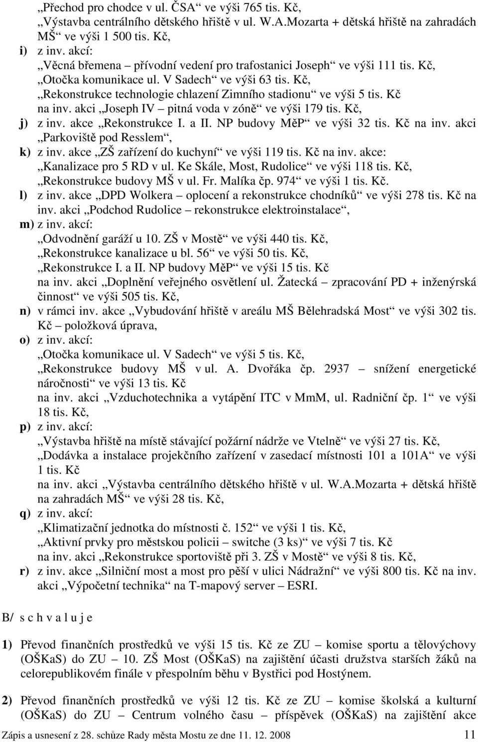 Kč na inv. akci Joseph IV pitná voda v zóně ve výši 179 tis. Kč, j) z inv. akce Rekonstrukce I. a II. NP budovy MěP ve výši 32 tis. Kč na inv. akci Parkoviště pod Resslem, k) z inv.