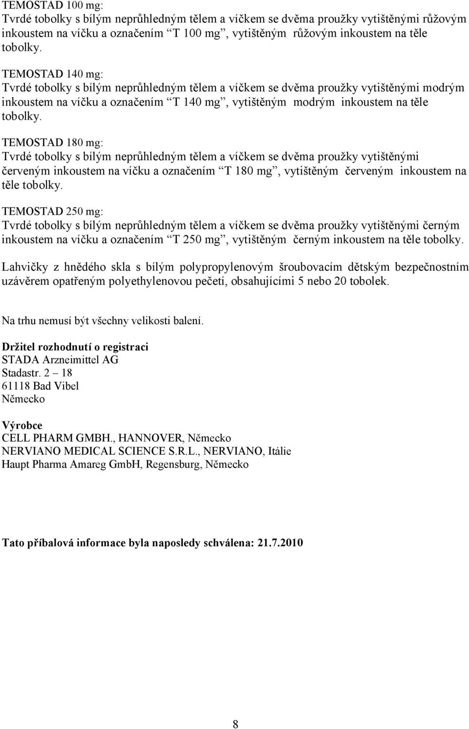 TEMOSTAD 180 mg: Tvrdé tobolky s bílým neprůhledným tělem a víčkem se dvěma proužky vytištěnými červeným inkoustem na víčku a označením T 180 mg, vytištěným červeným inkoustem na těle tobolky.