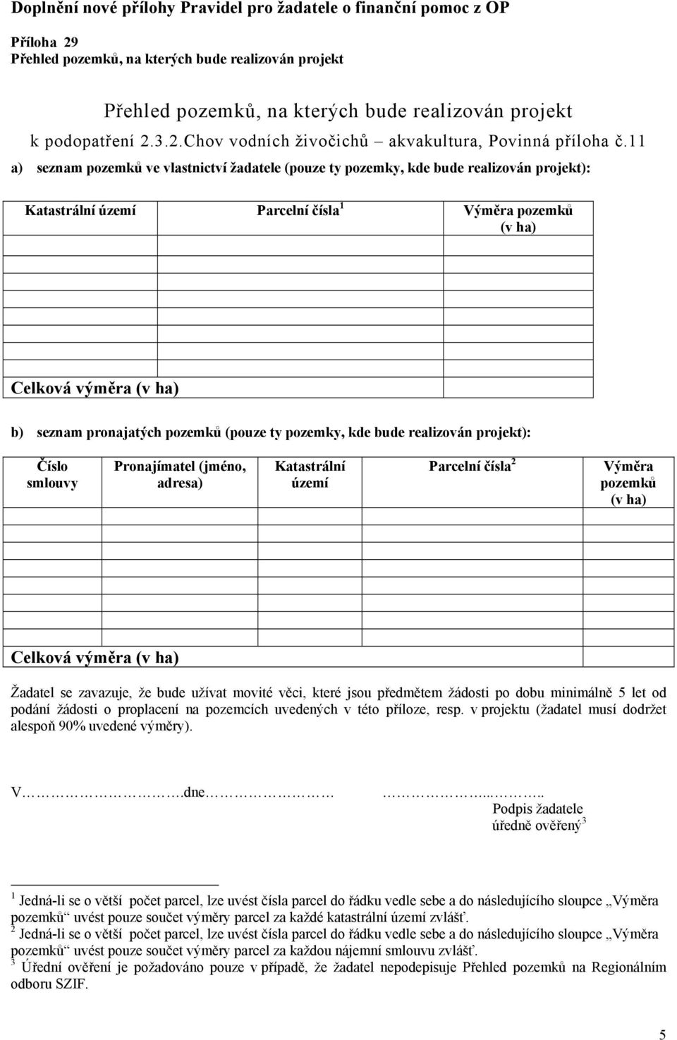 11 a) seznam pozemků ve vlastnictví žadatele (pouze ty pozemky, kde bude realizován projekt): Katastrální území Parcelní čísla 1 Výměra pozemků (v ha) Celková výměra (v ha) b) seznam pronajatých