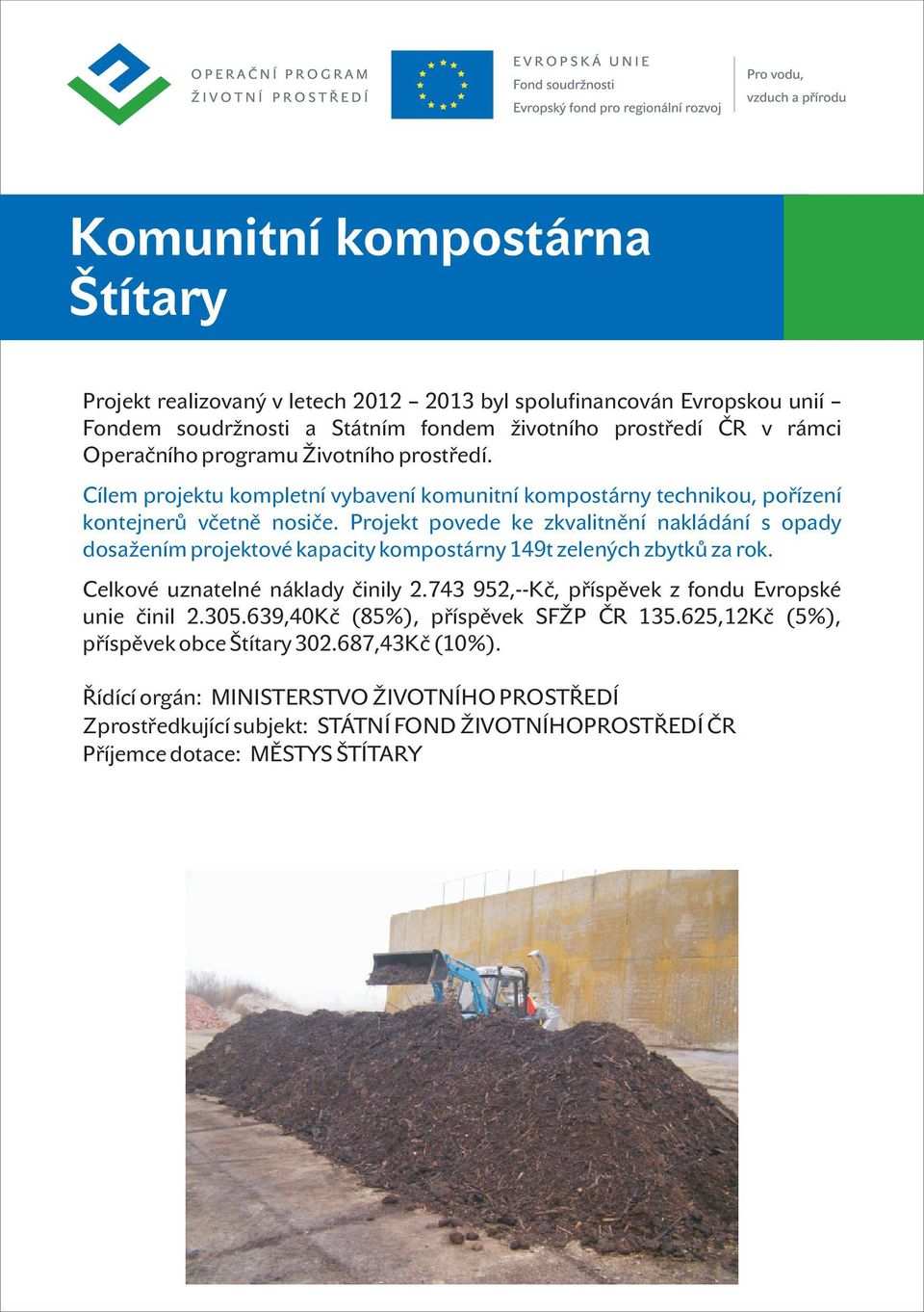 Projekt povede ke zkvalitnění nakládání s opady dosažením projektové kapacity kompostárny 149t zelených zbytků za rok. Celkové uznatelné náklady činily 2.