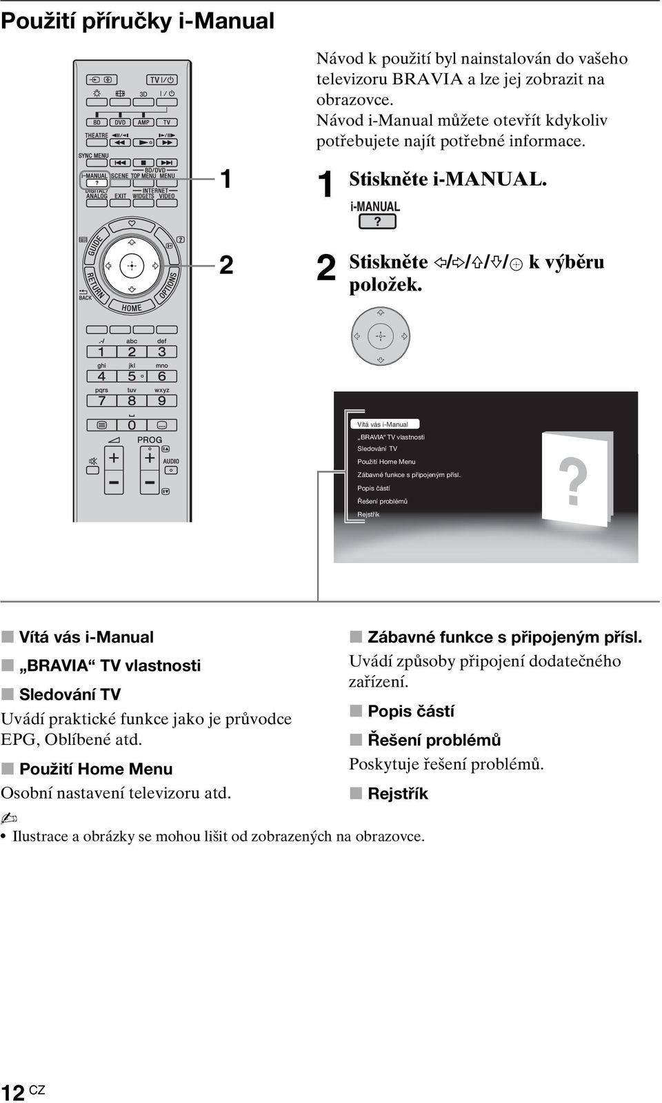 Popis částí Řešení problémů Rejstřík x Vítá vás i-manual x BRAVIA TV vlastnosti x Sledování TV Uvádí praktické funkce jako je průvodce EPG, Oblíbené atd.