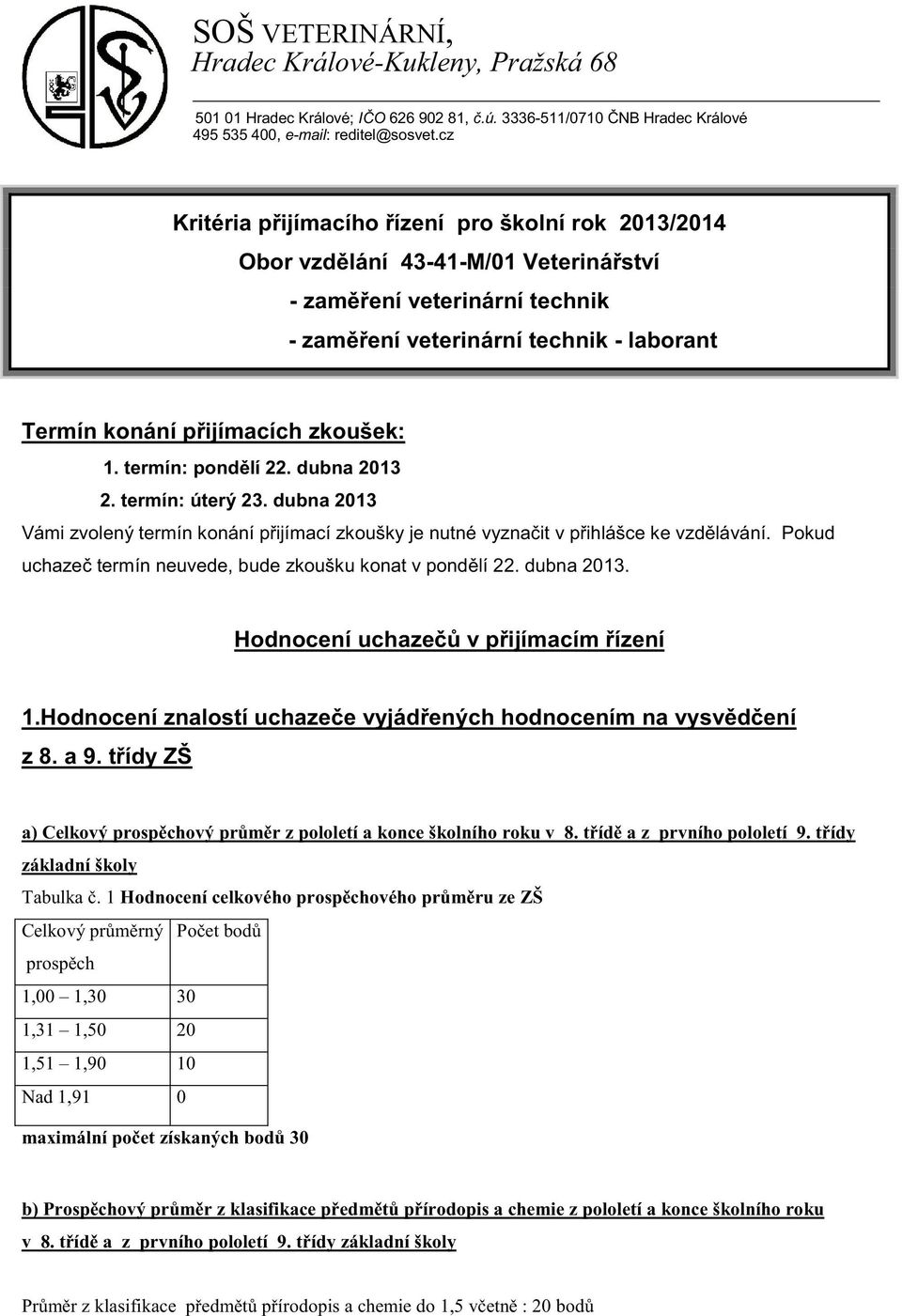 1. termín: pond lí 22. dubna 2013 2. termín: úterý 23. dubna 2013 Vámi zvolený termín konání p ijímací zkoušky je nutné vyzna it v p ihlášce ke vzd lávání.