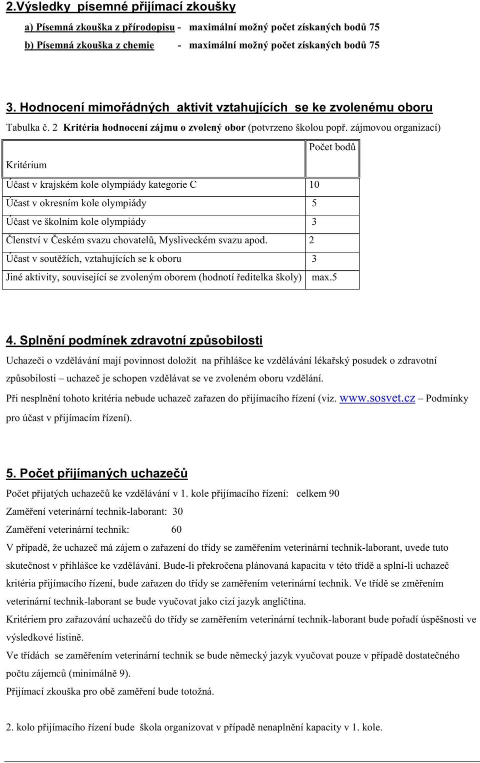 zájmovou organizací) Po et bod Kritérium Ú ast v krajském kole olympiády kategorie C 10 Ú ast v okresním kole olympiády 5 Ú ast ve školním kole olympiády 3 lenství v eském svazu chovatel, Mysliveckém