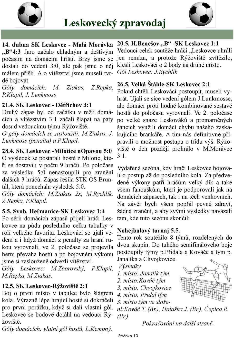 SK Leskovec - Dětřichov 3:1 Druhý zápas byl od začátku v režii domácích a vítězstvím 3:1 začali šlapat na paty dosud vedoucímu týmu Rýžoviště. O góly domácích se zasloužili: M.Ziakas, J.