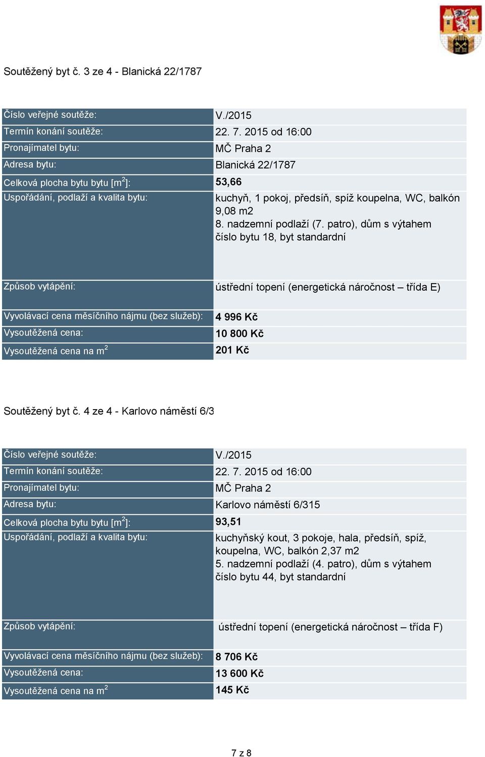 patro), dům s výtahem číslo bytu 18, byt standardní ústřední topení (energetická náročnost třída E) 4 996 Kč 1 8 Kč 21 Kč Soutěžený byt č.