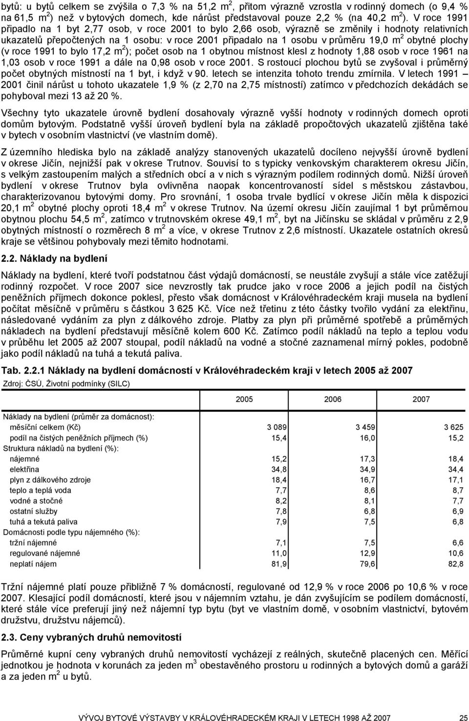 obytné plochy (v roce 1991 to bylo 17,2 m 2 ); počet osob na 1 obytnou místnost klesl z hodnoty 1,88 osob v roce 1961 na 1,03 osob v roce 1991 a dále na 0,98 osob v roce 2001.