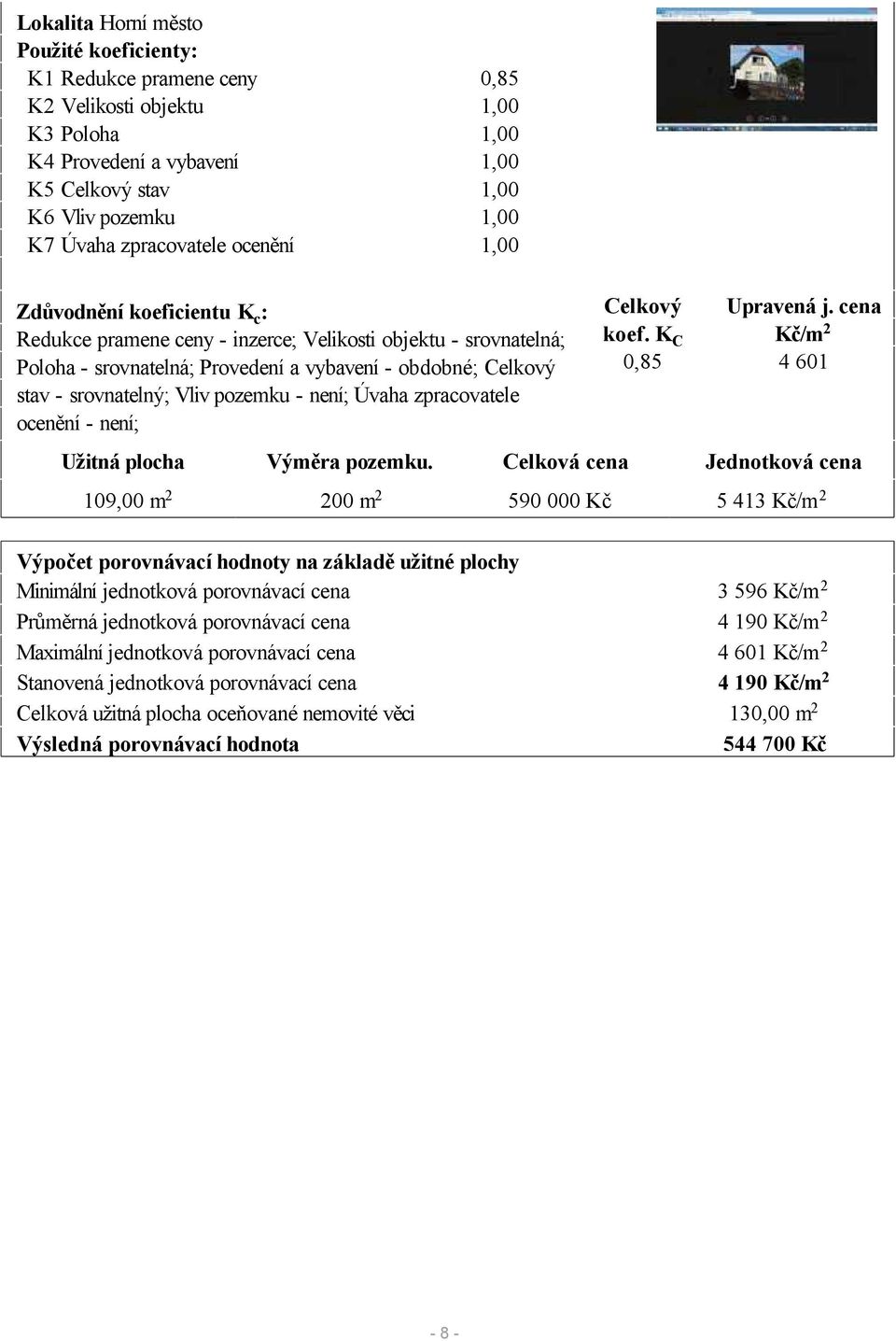 srovnatelný; Vliv pozemku - není; Úvaha zpracovatele ocenění - není; Celkový koef. K C 0,85 Upravená j. cena Kč/m 2 4 601 Užitná plocha Výměra pozemku.