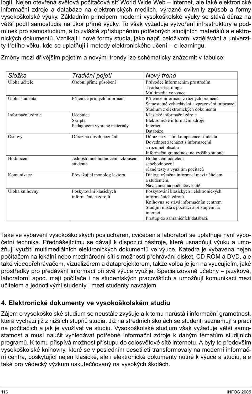 To však vyžaduje vytvoøení infrastruktury a podmínek pro samostudium, a to zvláštì zpøístupnìním potøebných studijních materiálù a elektronických dokumentù. Vznikají i nové formy studia, jako napø.