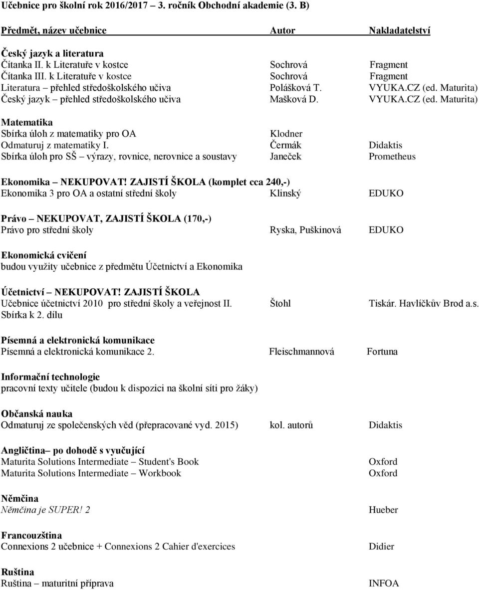 ZAJISTÍ ŠKOLA (komplet cca 240,-) 3 pro OA a ostatní střední školy Klinský EDUKO Právo NEKUPOVAT, ZAJISTÍ ŠKOLA (170,-) Právo pro střední školy Ryska, Puškinová EDUKO Ekonomická cvičení budou využity