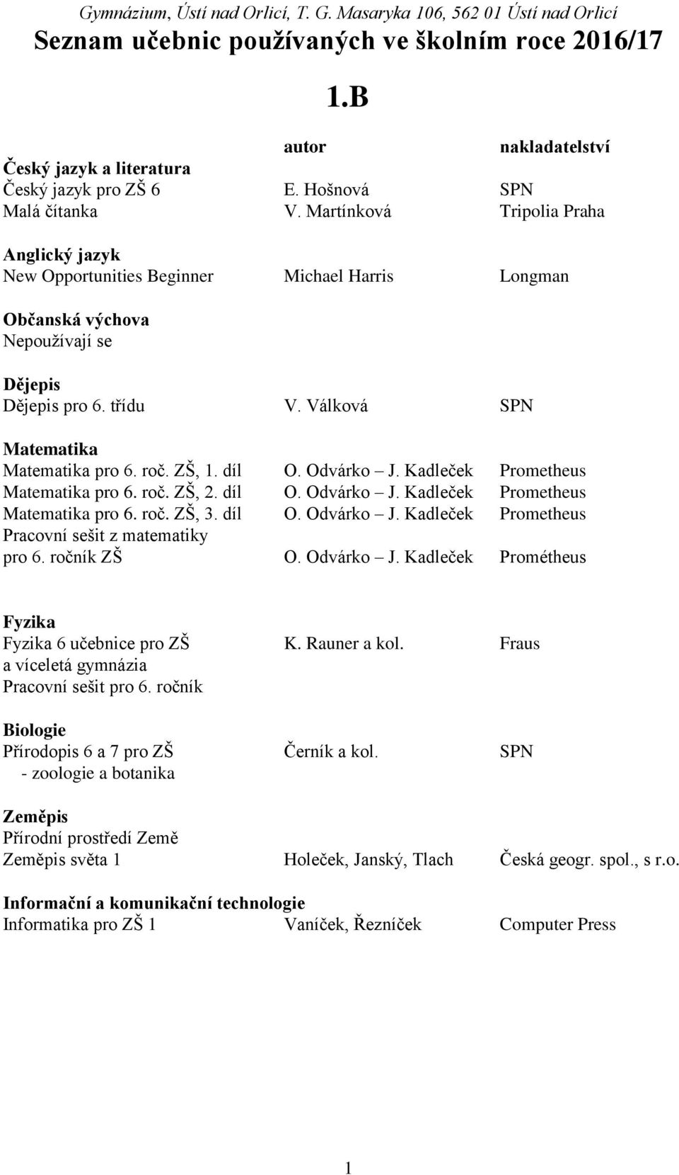 ročník ZŠ O. Odvárko J. Kadleček Prométheus Fyzika Fyzika 6 učebnice pro ZŠ K. Rauner a kol. Fraus a víceletá gymnázia Pracovní sešit pro 6. ročník Přírodopis 6 a 7 pro ZŠ Černík a kol.