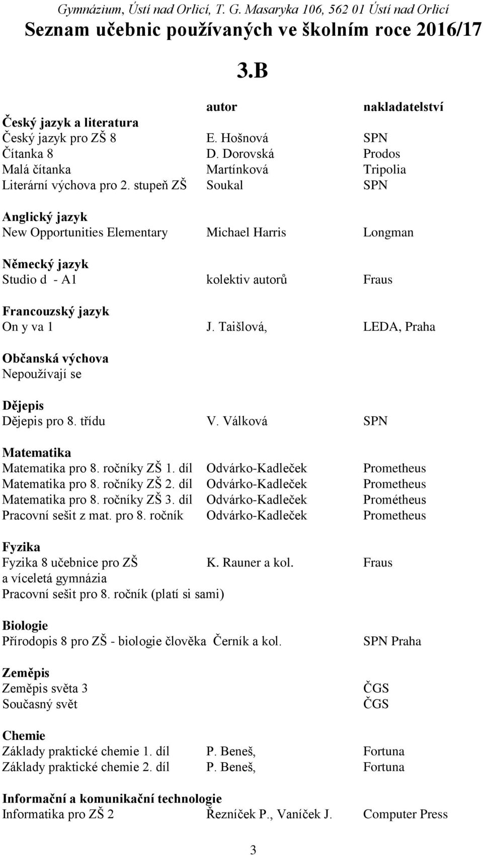 Taišlová, LEDA, Praha Občanská výchova Nepoužívají se pro 8. třídu V. Válková SPN pro 8. ročníky ZŠ 1. díl Odvárko-Kadleček Prometheus pro 8. ročníky ZŠ 2. díl Odvárko-Kadleček Prometheus pro 8. ročníky ZŠ 3.