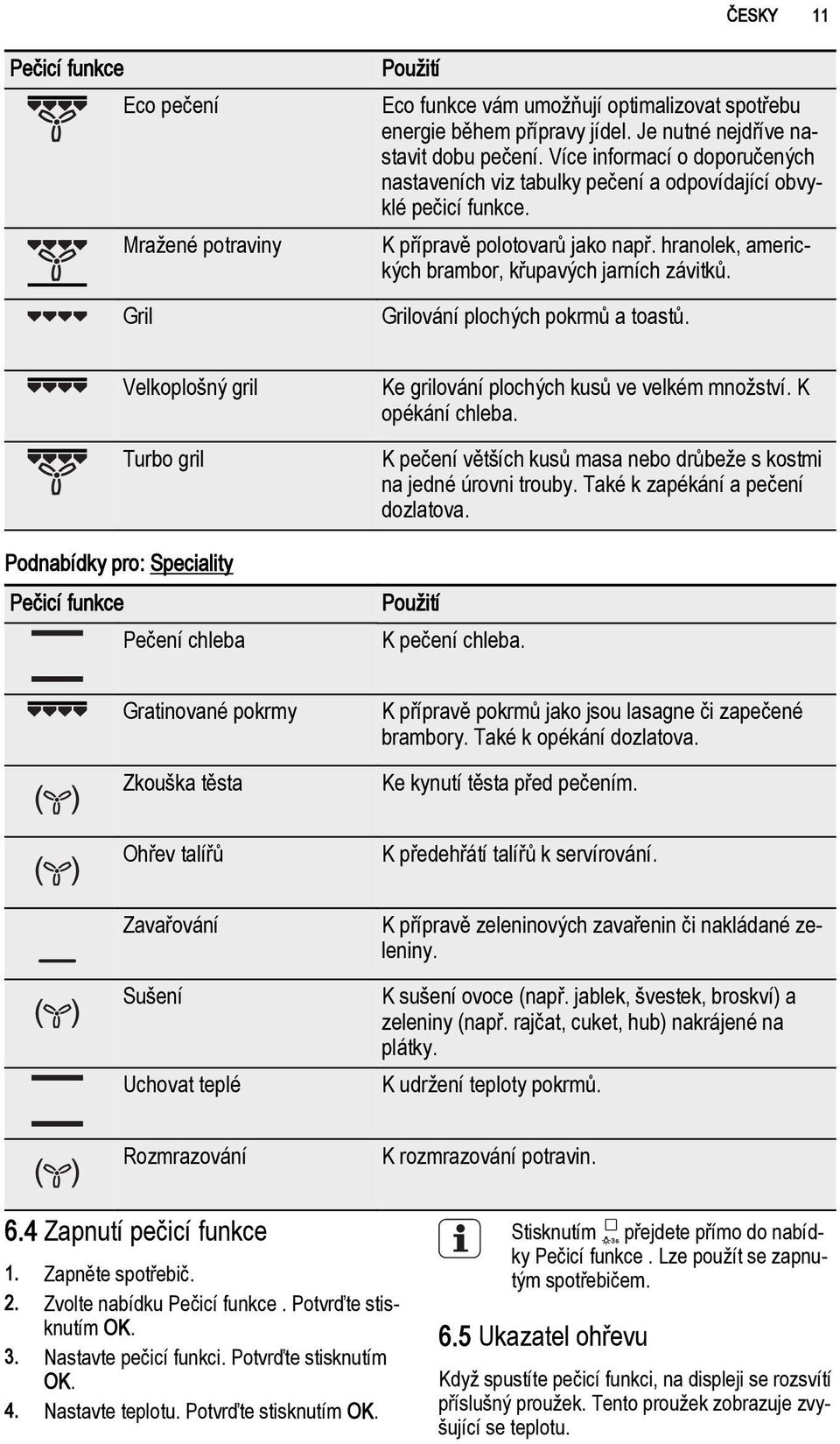 Grilování plochých pokrmů a toastů. Velkoplošný gril Turbo gril Podnabídky pro: Speciality Pečicí funkce Pečení chleba Ke grilování plochých kusů ve velkém množství. K opékání chleba.