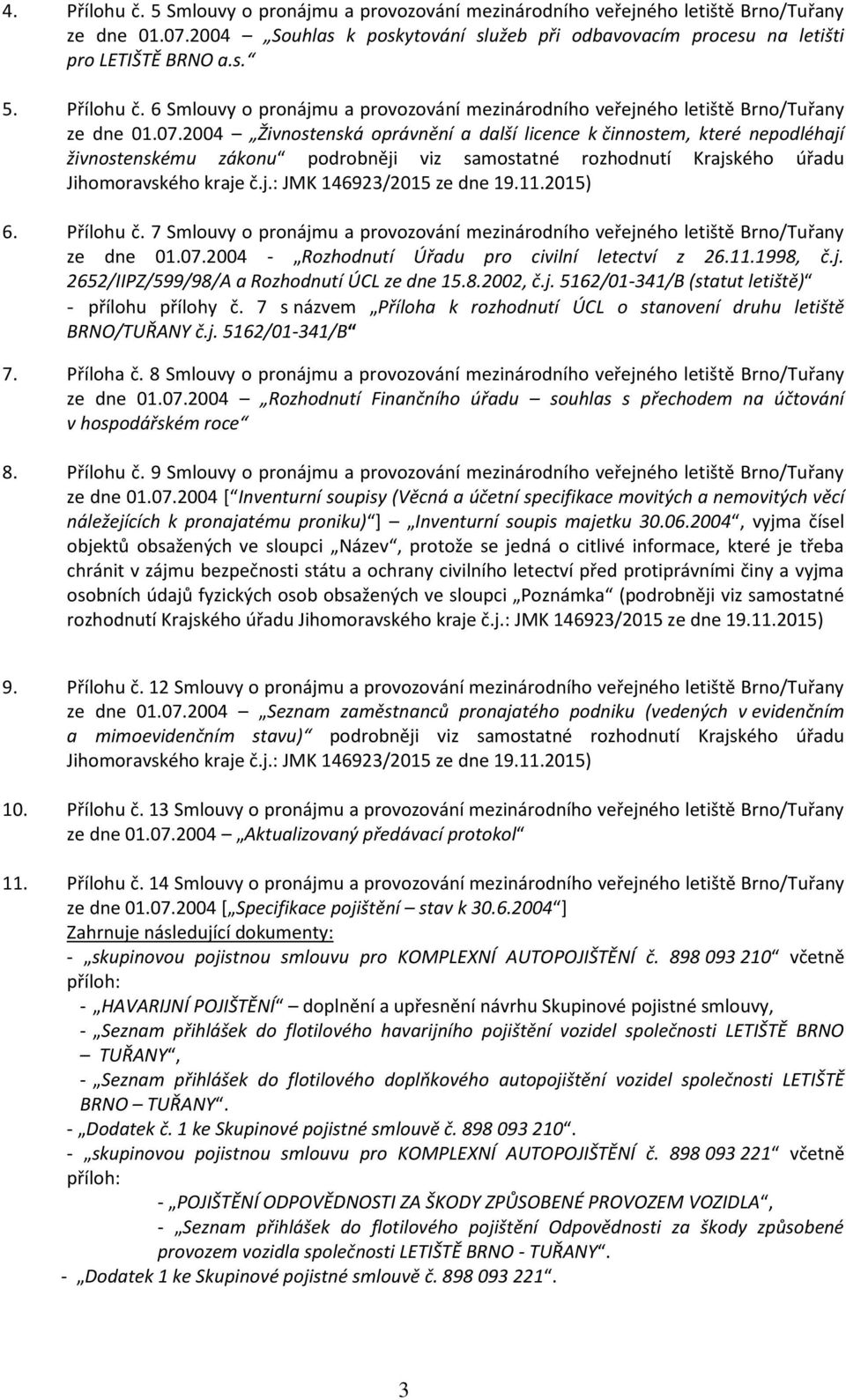 6 Smlouvy o pronájmu a provozování mezinárodního veřejného letiště Brno/Tuřany Živnostenská oprávnění a další licence k činnostem, které nepodléhají živnostenskému zákonu podrobněji viz samostatné