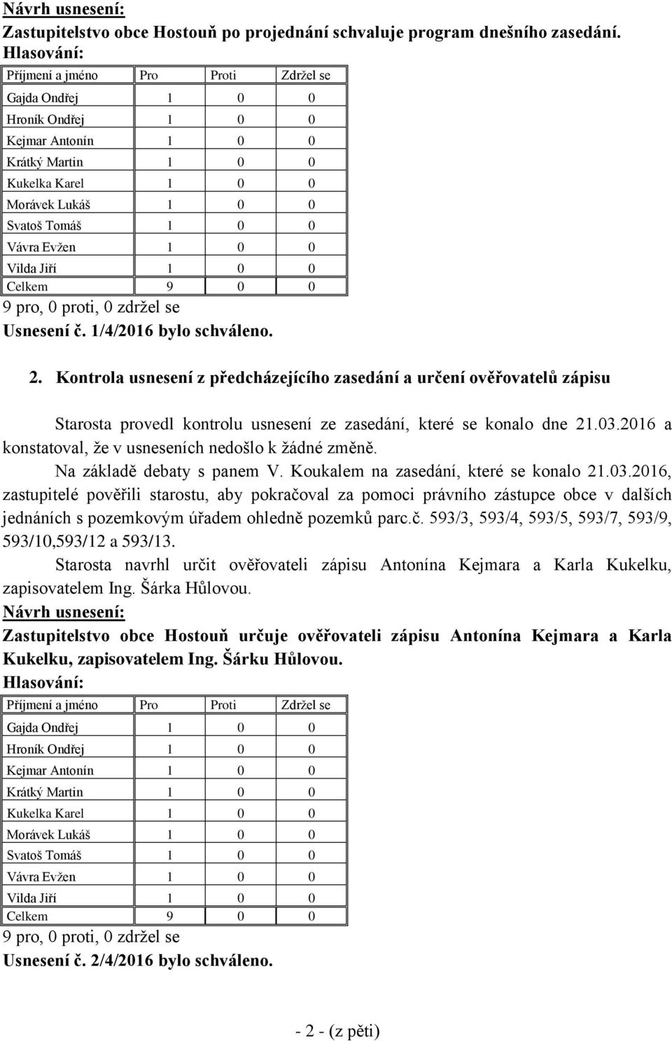 Koukalem na zasedání, které se konalo 21.03.2016, zastupitelé pověřili starostu, aby pokračoval za pomoci právního zástupce obce v dalších jednáních s pozemkovým úřadem ohledně pozemků parc.č. 593/3, 593/4, 593/5, 593/7, 593/9, 593/10,593/12 a 593/13.