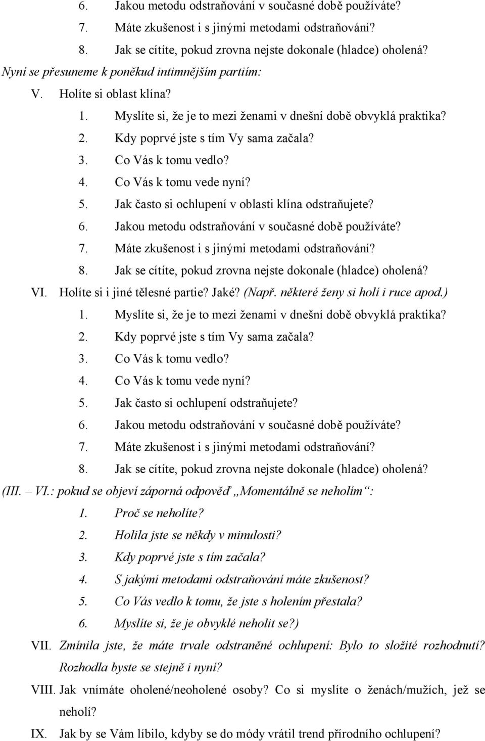 Co Vás k tomu vedlo? 4. Co Vás k tomu vede nyní? 5. Jak často si ochlupení v oblasti klína odstraňujete?  VI. Holíte si i jiné tělesné partie? Jaké? (Např. některé ženy si holí i ruce apod.) 1.