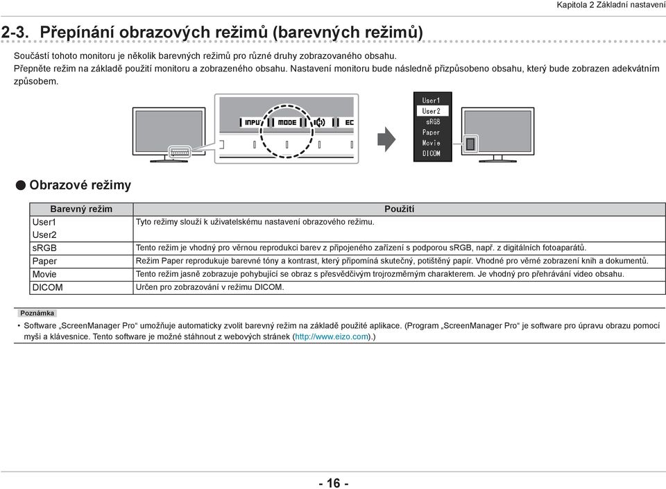 Obrazové režimy Barevný režim User1 User2 srgb Paper Movie DICOM Použití Tyto režimy slouží k uživatelskému nastavení obrazového režimu.