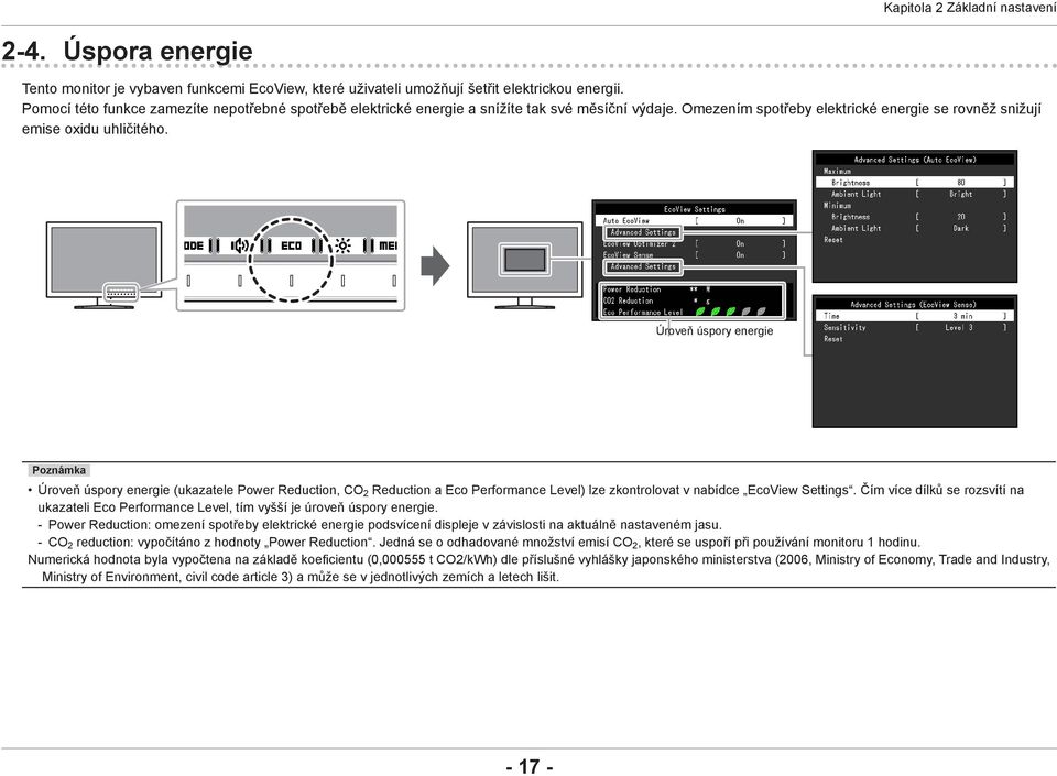 Úroveň úspory energie Poznámka Úroveň úspory energie (ukazatele Power Reduction, CO 2 Reduction a Eco Performance Level) lze zkontrolovat v nabídce EcoView Settings.