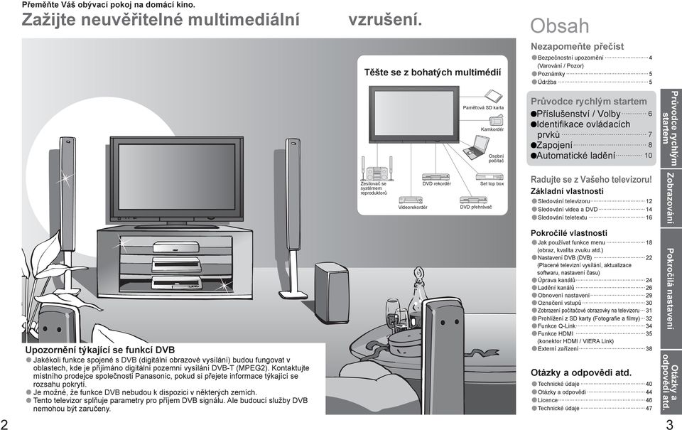 Identifikace ovládacích prvků 7 Zapojení 8 Automatické ladění 0 Průvodce rychlým startem Upozornění týkající se funkcí Jakékoli funkce spojené s (digitální obrazové vysílání) budou fungovat v