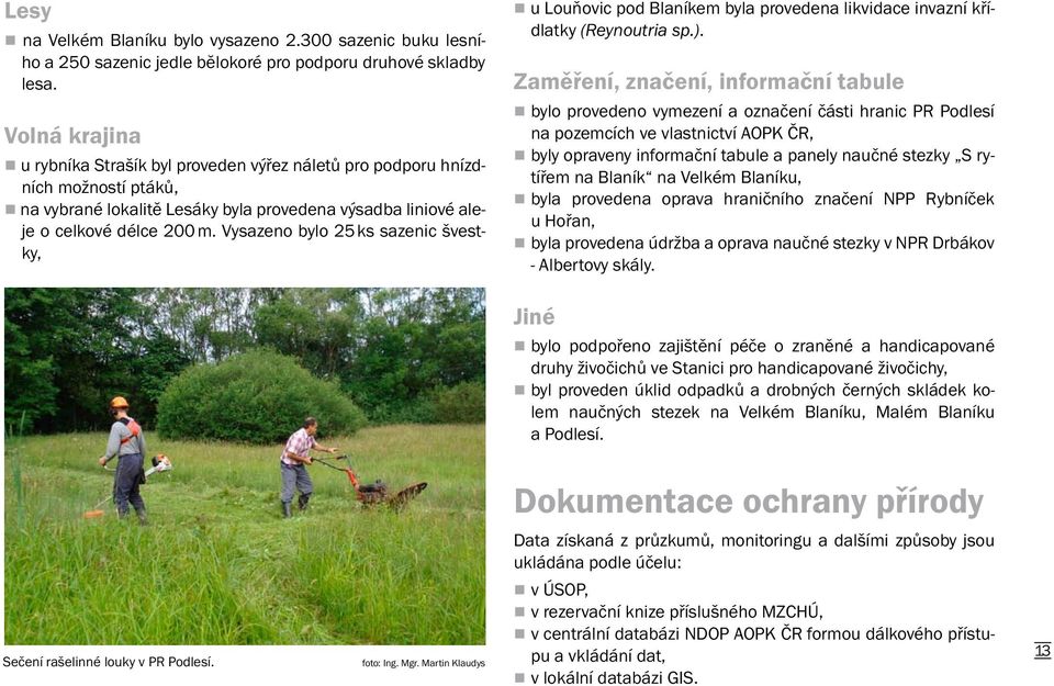 Vysazeno bylo 25 ks sazenic švestky, u Louňovic pod Blaníkem byla provedena likvidace invazní křídlatky (Reynoutria sp.).
