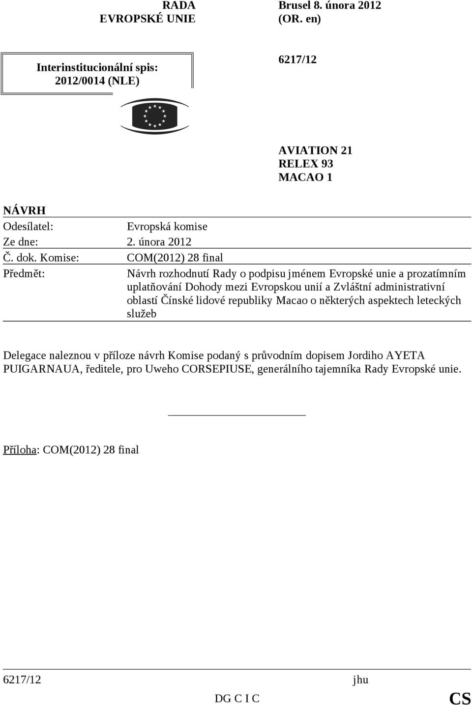 Komise: COM(2012) 28 final Předmět: Návrh rozhodnutí Rady o podpisu jménem Evropské unie a prozatímním uplatňování Dohody mezi Evropskou unií a Zvláštní