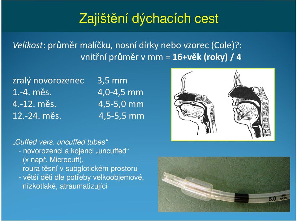 -24. 24. měs. 4,5-5,5 5,5 mm Cuffed vers. uncuffed tubes - novorozenci a kojenci uncuffed (x např.