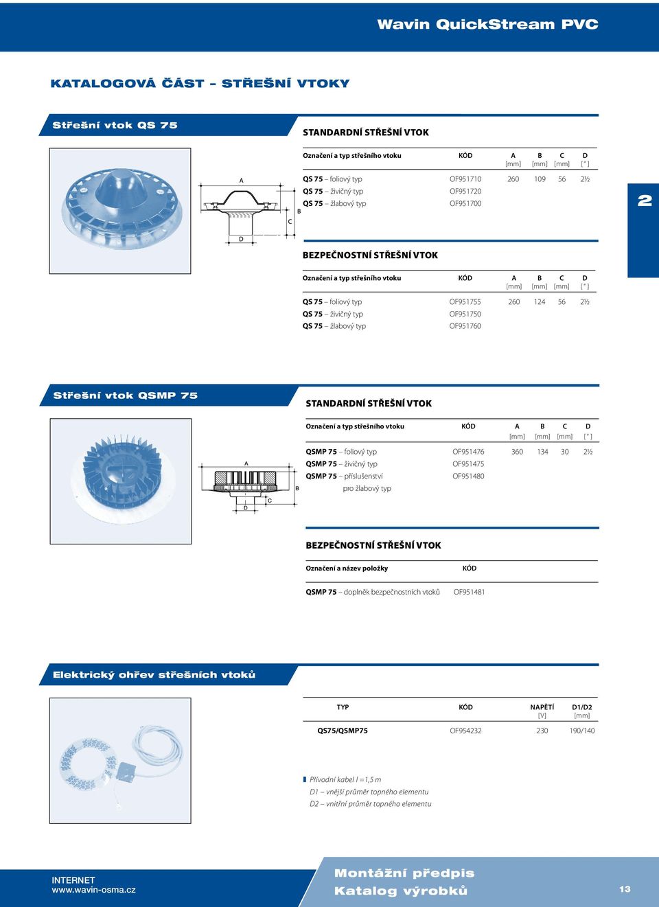 typ QS 75 žlabový typ OF951750 OF951760 Stfie ní vtok QSMP 75 standardní střešní vtok Označení a typ střešního vtoku KÓD A B C D [mm] [mm] [mm] [ ] QSMP 75 foliový typ OF951476 360 134 30 2½ QSMP 75