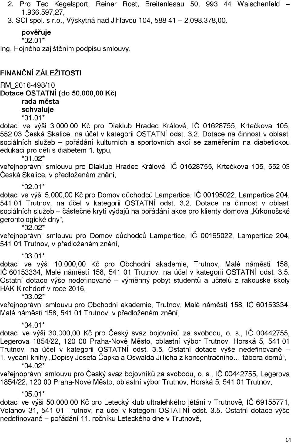 000,00 Kč pro Diaklub Hradec Králové, IČ 01628755, Krtečkova 105, 552 03 Česká Skalice, na účel v kategorii OSTATNÍ odst. 3.2. Dotace na činnost v oblasti sociálních služeb pořádání kulturních a sportovních akcí se zaměřením na diabetickou edukaci pro děti s diabetem 1.