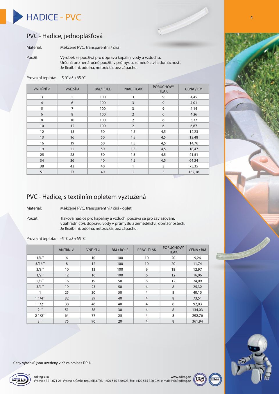 Provozní teplota: - C až + C,,01 7,1,,7,7 1,, 1 1,, 1 1, 1,7 1, 1,7, 1 0,, 0 1 7, 1 7 0 1,1 PVC - Hadice, s textilním opletem vyztužená Měkčené PVC, transparentní / čirá - oplet Tlaková hadice pro