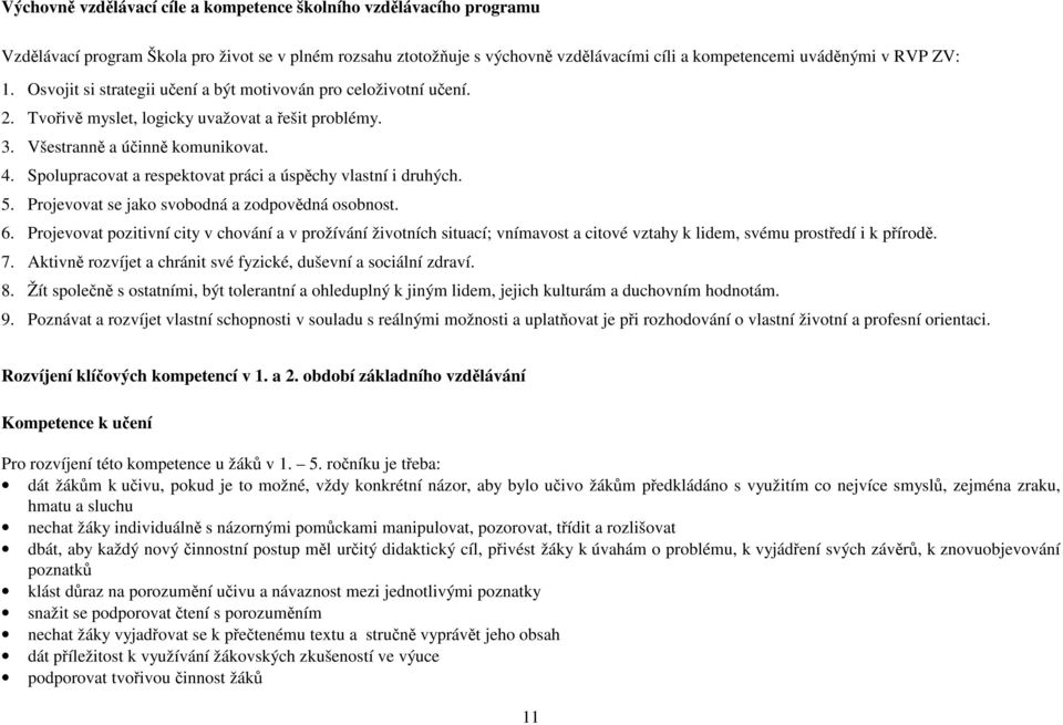 Spolupracovat a respektovat práci a úspěchy vlastní i druhých. 5. Projevovat se jako svobodná a zodpovědná osobnost. 6.