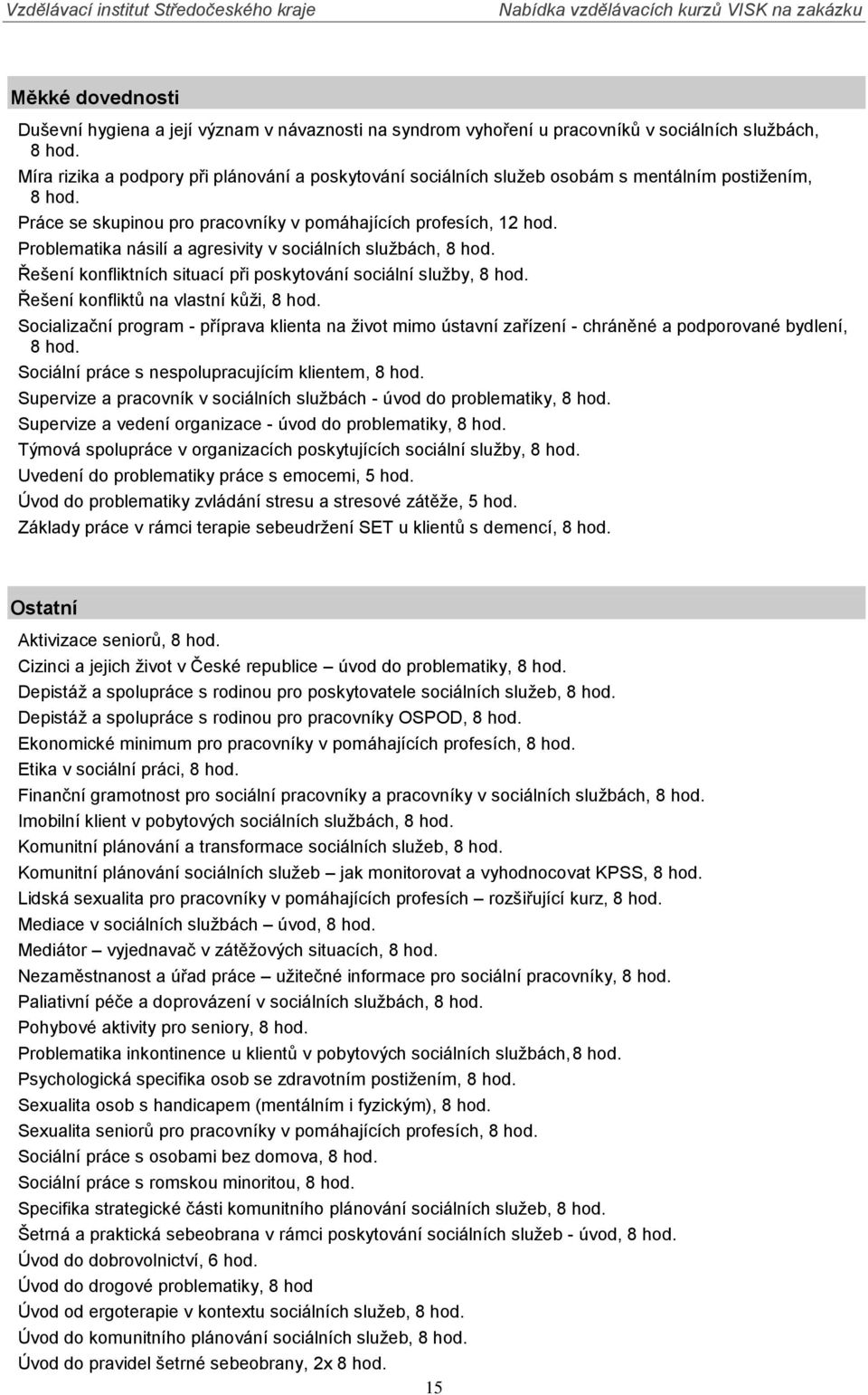 Problematika násilí a agresivity v sociálních službách, 8 hod. Řešení konfliktních situací při poskytování sociální služby, 8 hod. Řešení konfliktů na vlastní kůži, 8 hod.