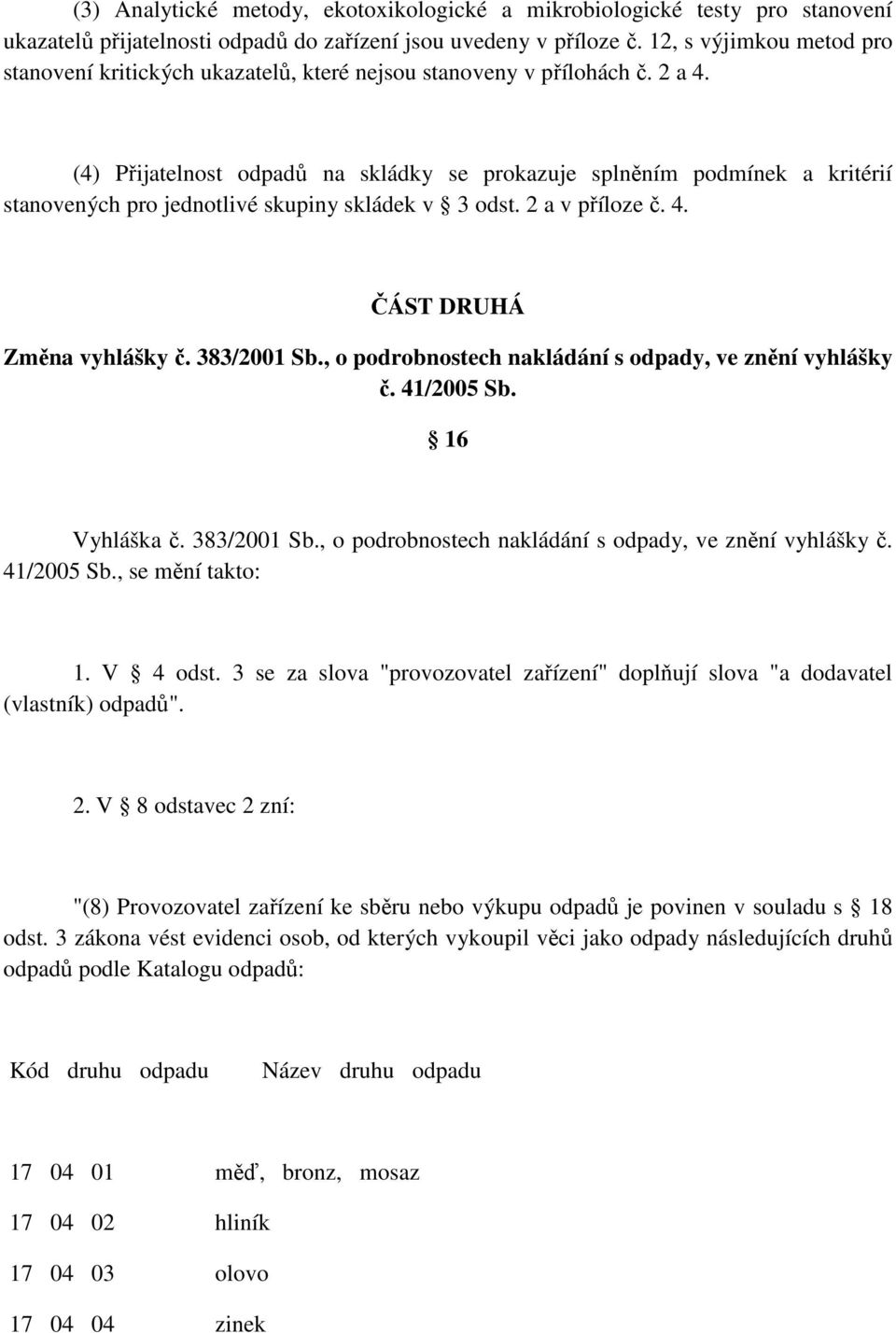 (4) Přijatelnost odpadů na skládky se prokazuje splněním podmínek a kritérií stanovených pro jednotlivé skupiny skládek v 3 odst. 2 a v příloze č. 4. ČÁST DRUHÁ Změna vyhlášky č. 383/2001 Sb.