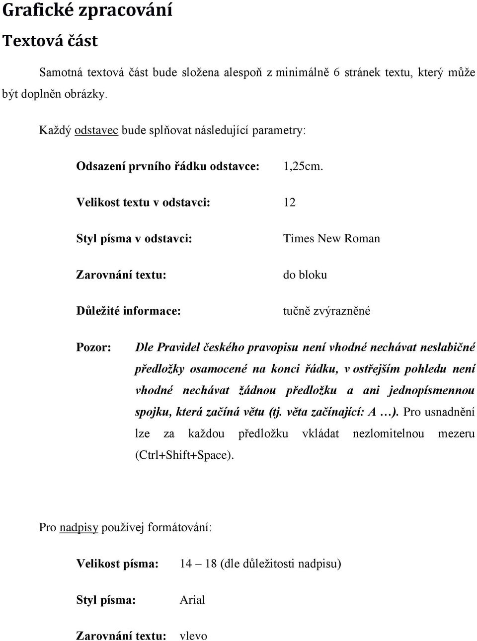 Velikost textu v odstavci: 12 Styl písma v odstavci: Zarovnání textu: Důležité informace: Times New Roman do bloku tučně zvýrazněné Pozor: Dle Pravidel českého pravopisu není vhodné nechávat