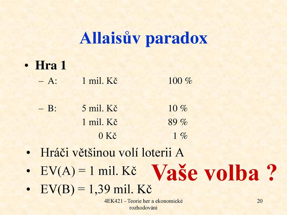 Kč 89 % 0 Kč 1 % Hráči většinou volí