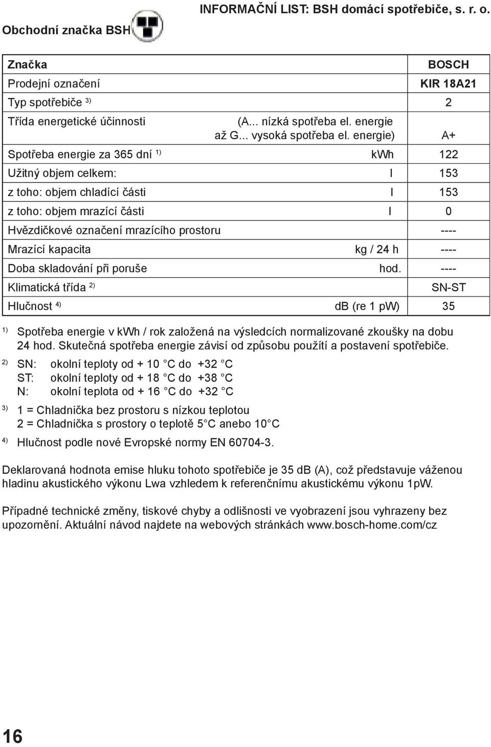 energie) A+ Spotřeba energie za 365 dní 1) kwh 122 Užitný objem celkem: l 153 z toho: objem chladící části l 153 z toho: objem mrazící části l 0 Hvězdičkové označení mrazícího prostoru ---- Mrazící