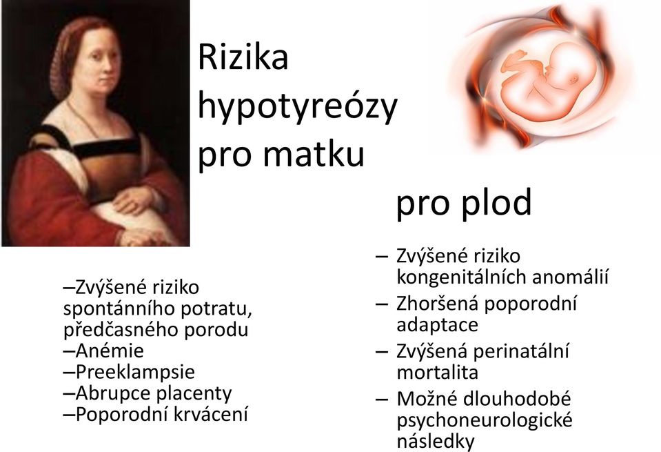 Poporodní krvácení Zvýšené riziko kongenitálních anomálií Zhoršená