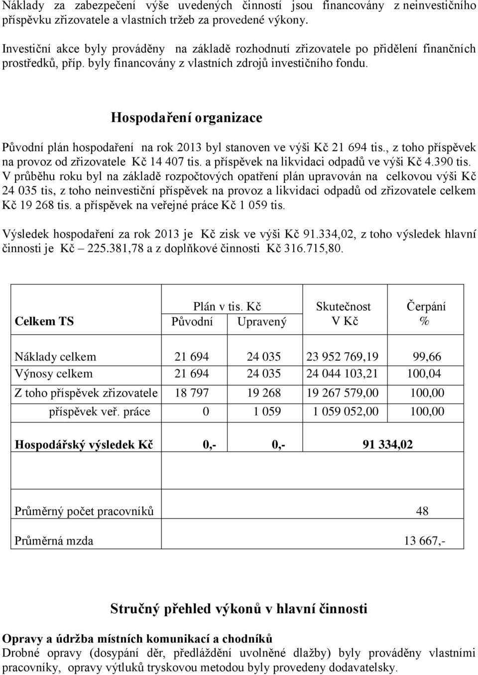 Hospodaření organizace Původní plán hospodaření na rok 2013 byl stanoven ve výši Kč 21 694 tis., z toho příspěvek na provoz od zřizovatele Kč 14 407 tis. a příspěvek na likvidaci odpadů ve výši Kč 4.