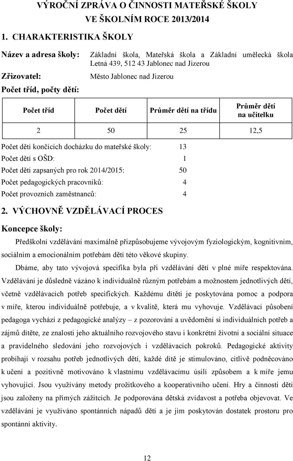 Jizerou Město Jablonec nad Jizerou Počet tříd Počet dětí Průměr dětí na třídu Průměr dětí na učitelku 2 50 25 12,5 Počet dětí končících docházku do mateřské školy: 13 Počet dětí s OŠD: 01 Počet dětí