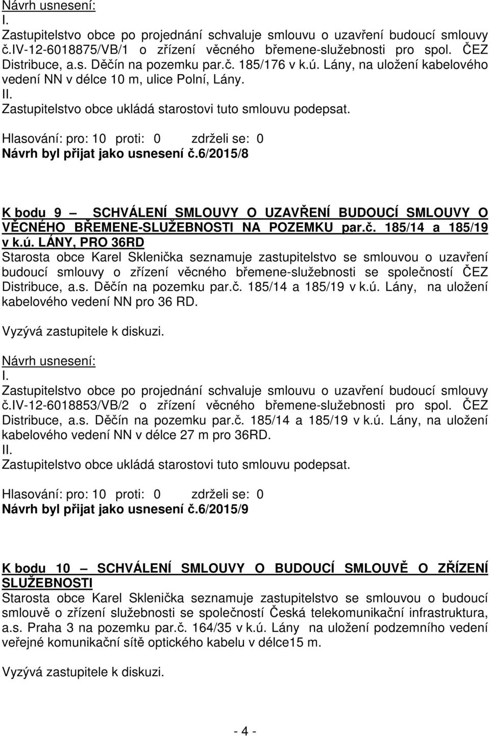 6/2015/8 K bodu 9 SCHVÁLENÍ SMLOUVY O UZAVŘENÍ BUDOUCÍ SMLOUVY O VĚCNÉHO BŘEMENE-SLUŽEBNOSTI NA POZEMKU par.č. 185/14 a 185/19 v k.ú.