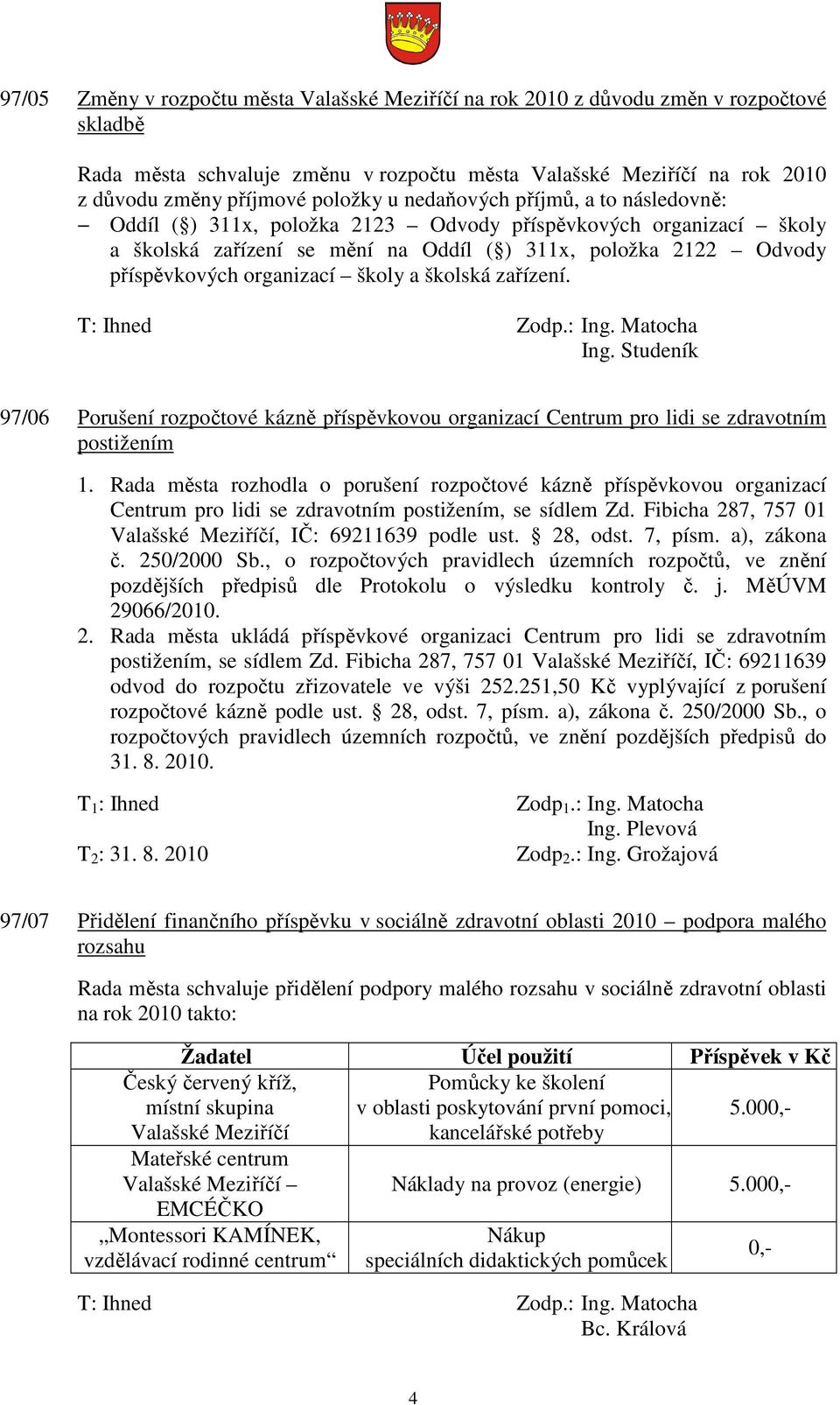 školy a školská zařízení. Ing. Studeník 97/06 Porušení rozpočtové kázně příspěvkovou organizací Centrum pro lidi se zdravotním postižením 1.