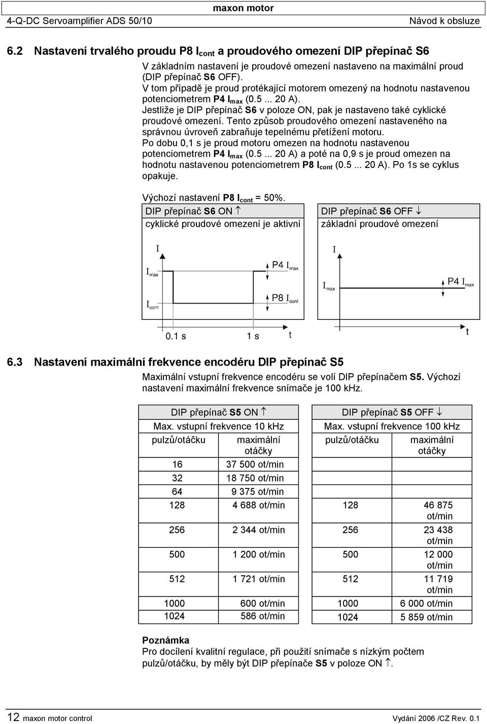 V tom případě je proud protékající motorem omezený na hodnotu nastavenou potenciometrem P4 I max (0.5... 20 A).